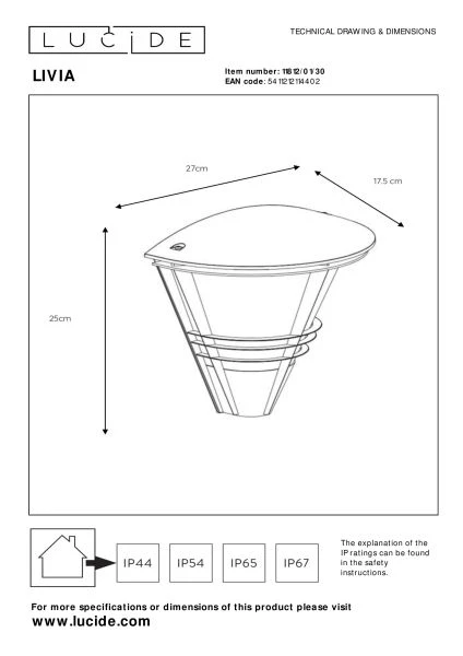 Lucide LIVIA - Wandlamp Binnen/Buiten - 1xE27 - IP44 - Zwart - technisch